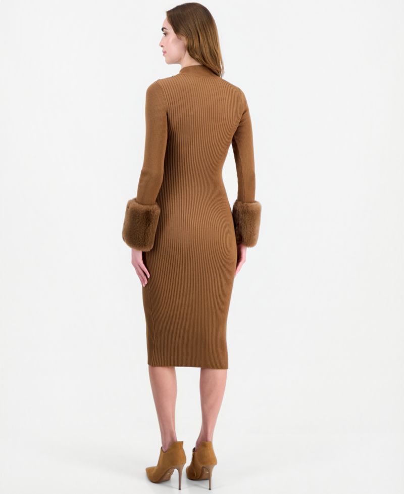 Women's Savannah Long-Sleeve Mock-Neck Faux-Fur-Cuff Midi Sweater Dress