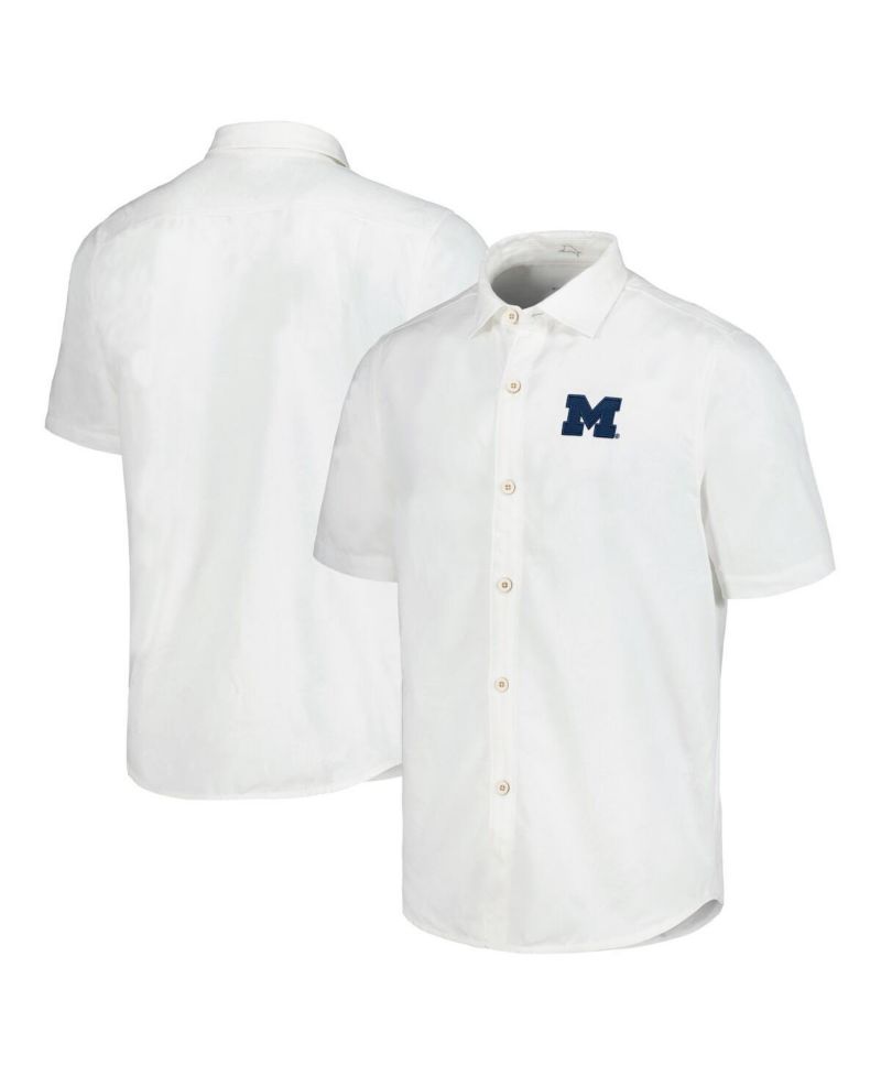 Men's White Michigan Wolverines Coconut Point Palm Vista IslandZone Camp Button-Up Shirt