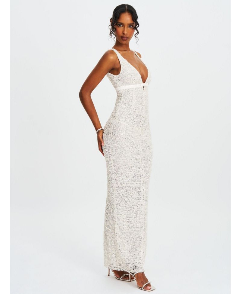Women's Adelaide White Beaded Sequin Net Bodycon Gown