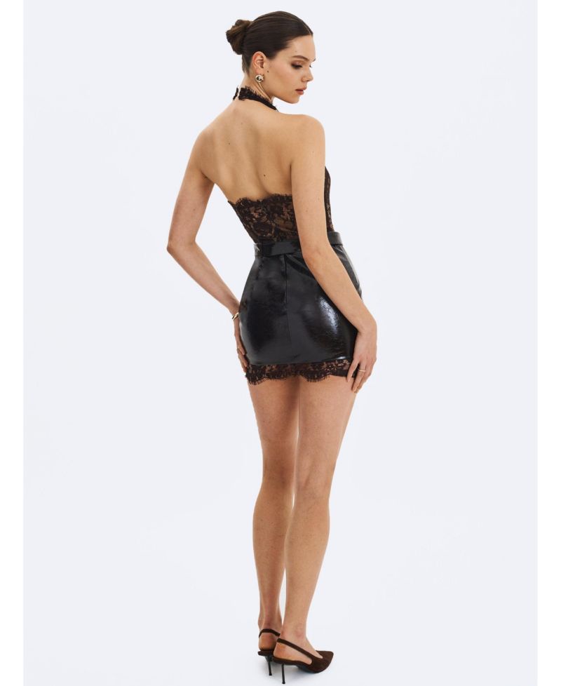 Women's Faris Mahogany Plunging Halter Belted Mini Dress