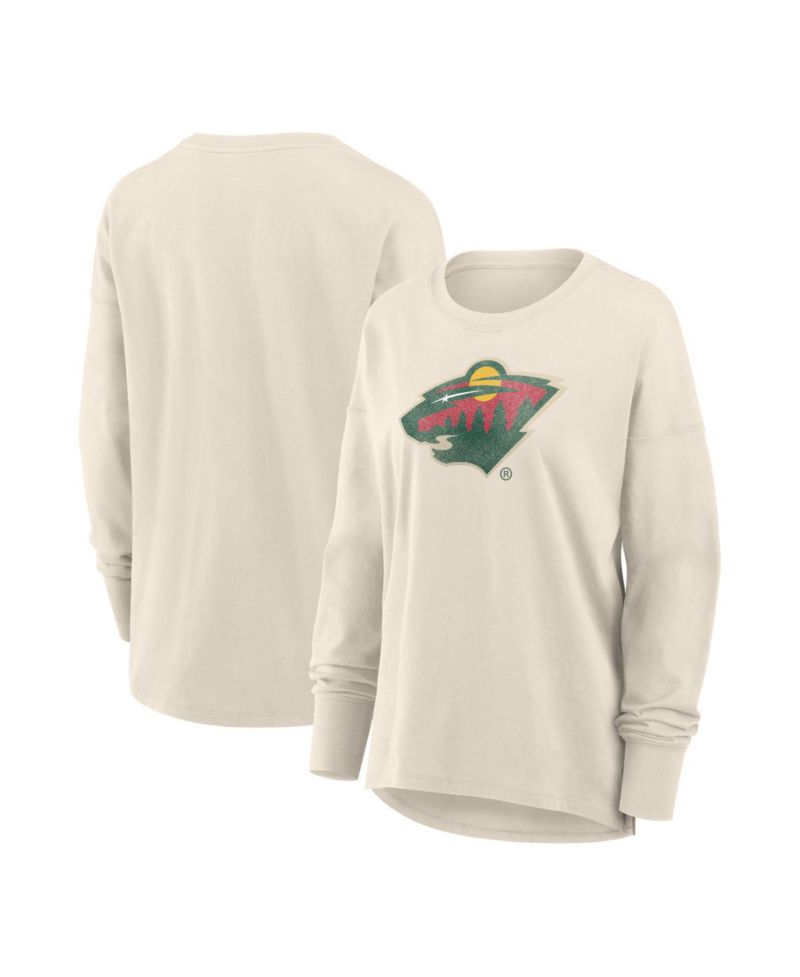 Women's Cream Minnesota Wild Distressed Logo Long Sleeve T-Shirt