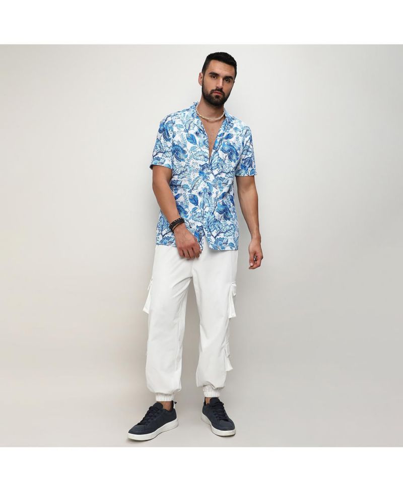 Men's Chalk White:Indigo Blue Mesh Foliage Shirt