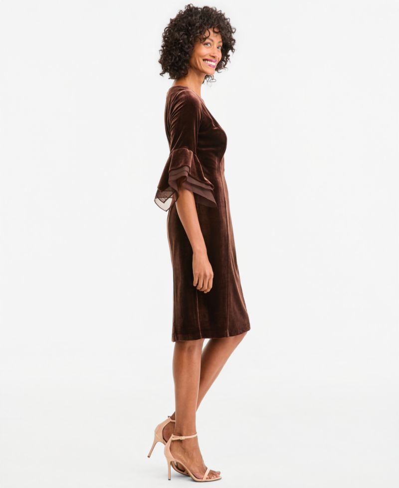Plus Velvet Bell-Sleeve Mesh-Trim Dress