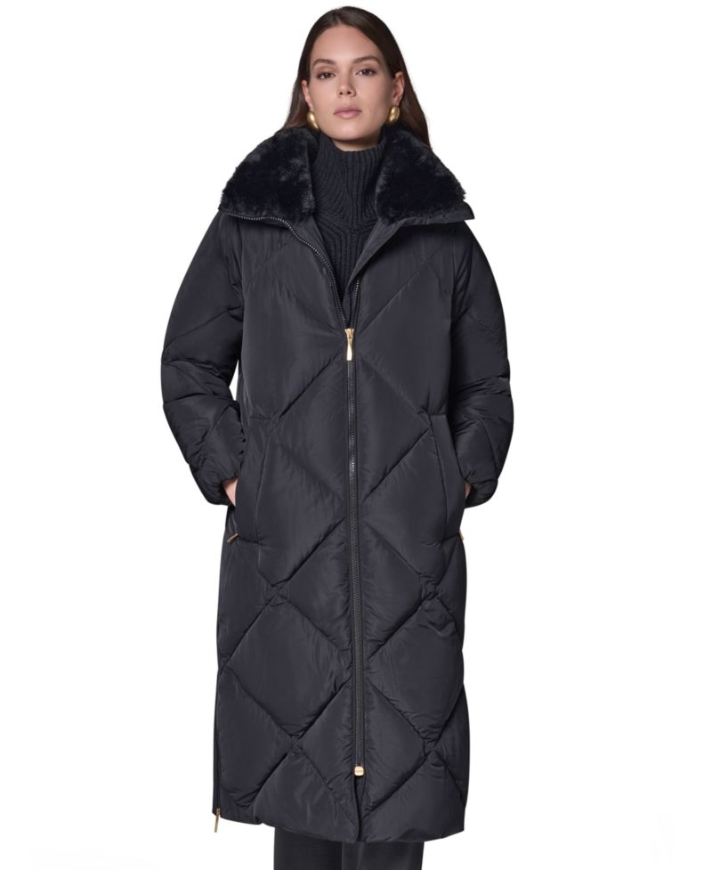 Women's Quilted Midi-Length Faux Fur-Trimmed Puffer Coat