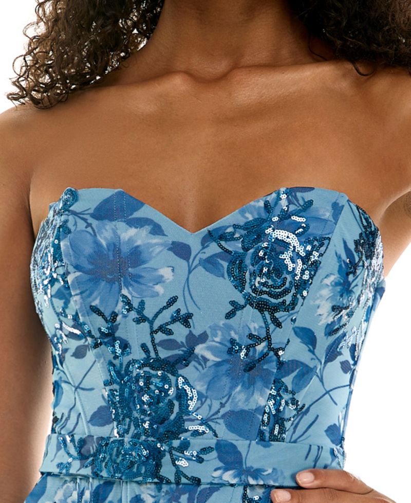 Juniors' Sweetheart Neckline Printed Floral Sequins Corset Mini Dress