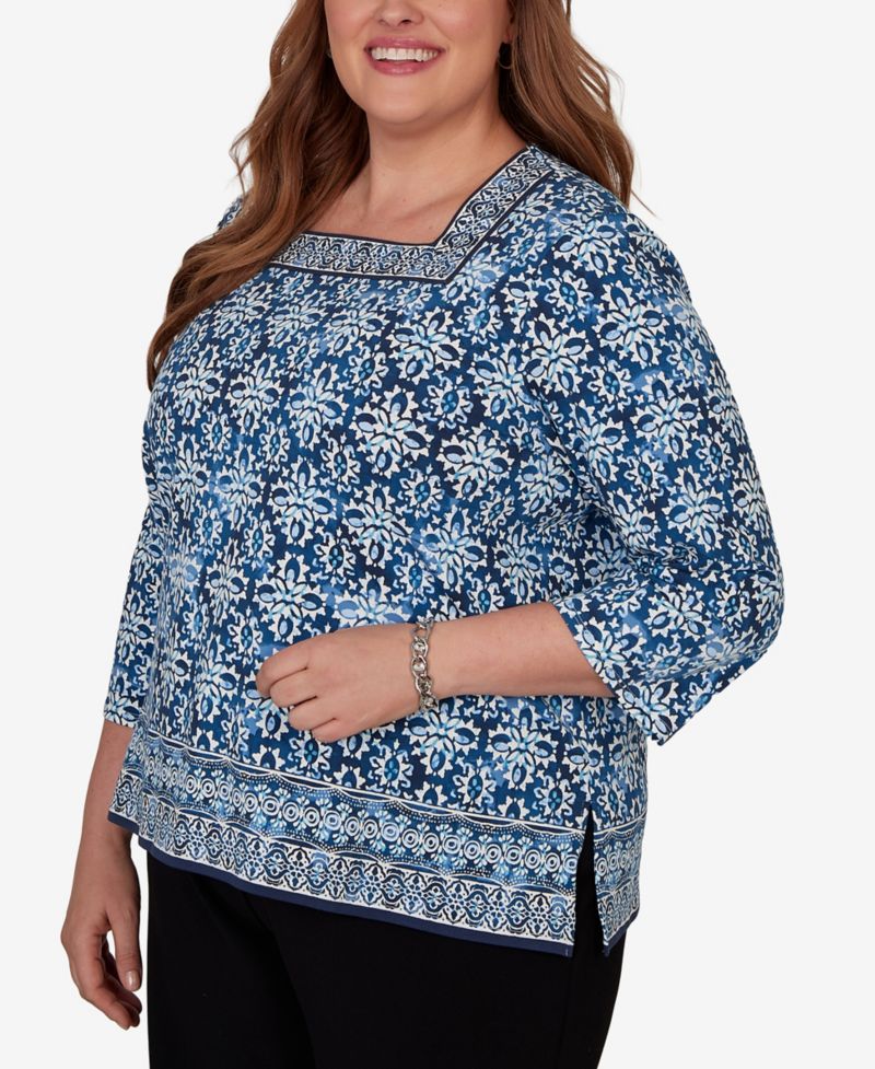 Plus Size Batik Tile Square Neck Top
