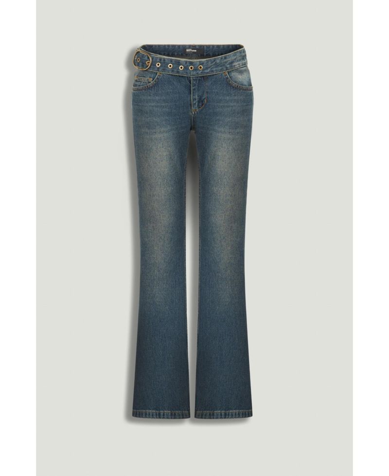 Women's Belted Denim Flare Trousers
