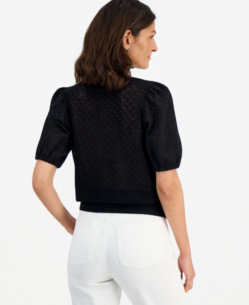 Women's Mixed-Media Pointelle Short-Sleeve Sweater