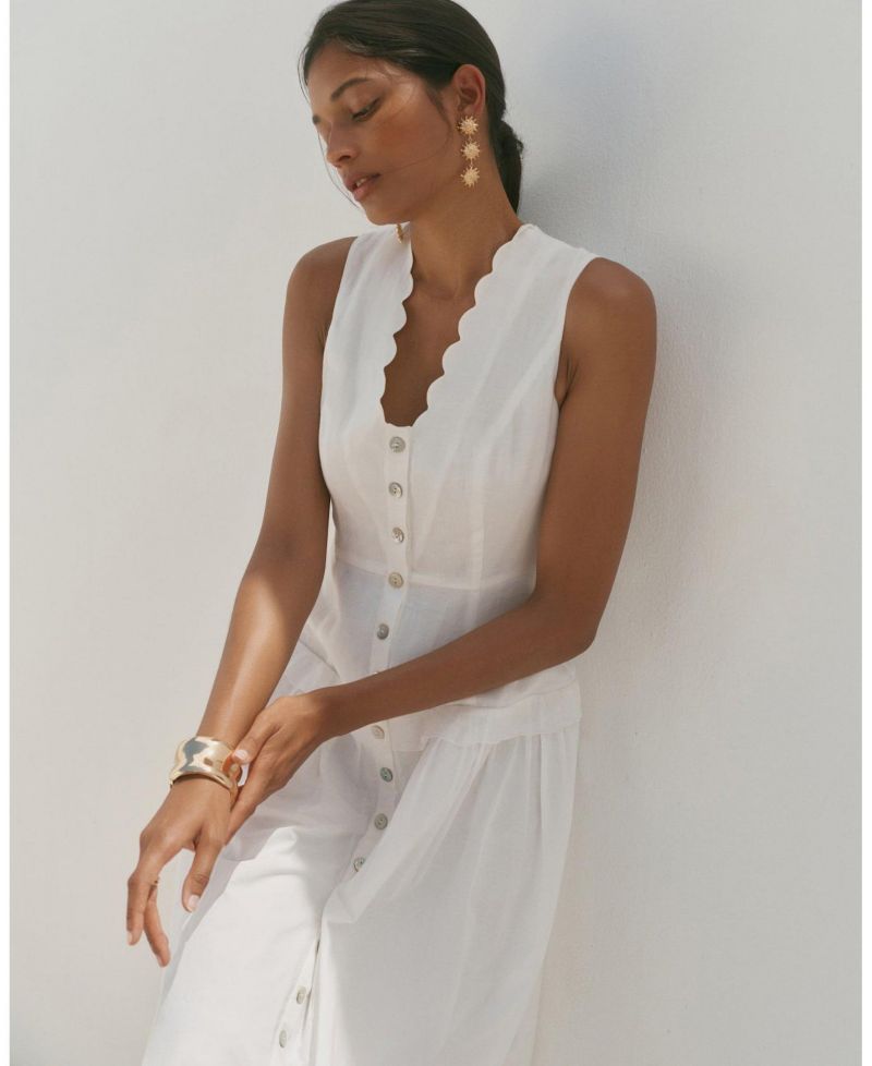 Women's Scalloped Sleeveless Drop-Waist Ramie Maxi Dress