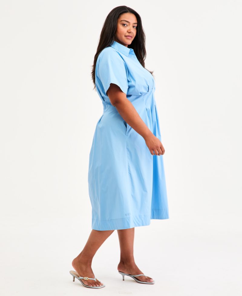 Trendy Plus Size Pinstriped Pleated-Waist Midi Shirtdress