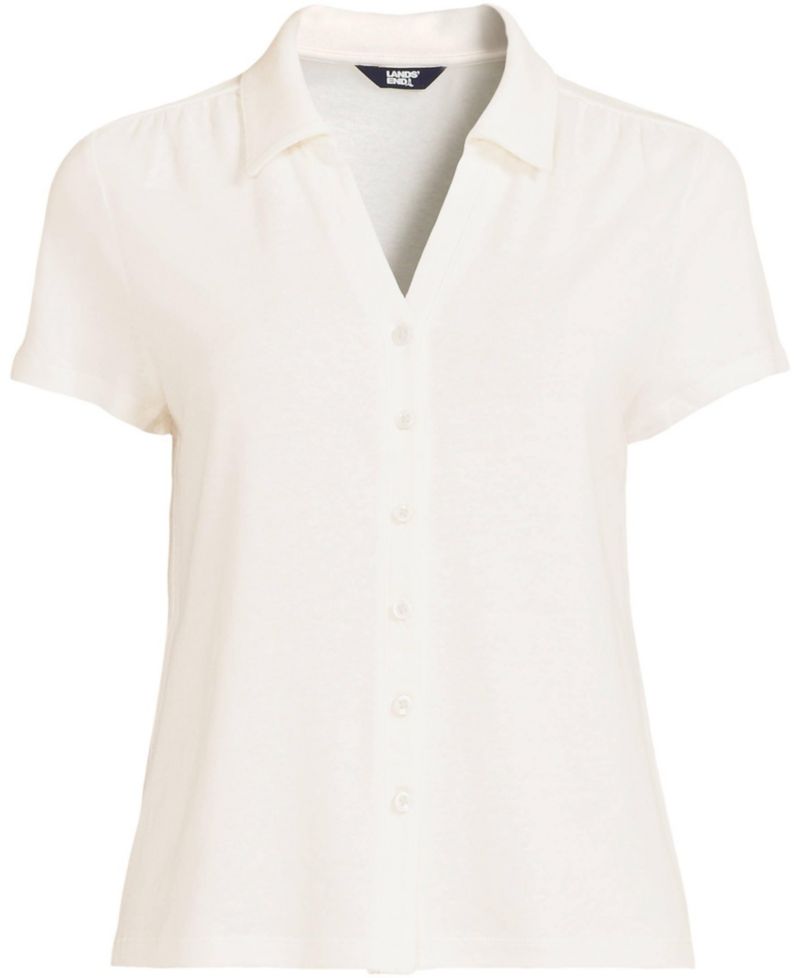 Women's Plus Size Linen Blend Short Sleeve Button Front Polo Top