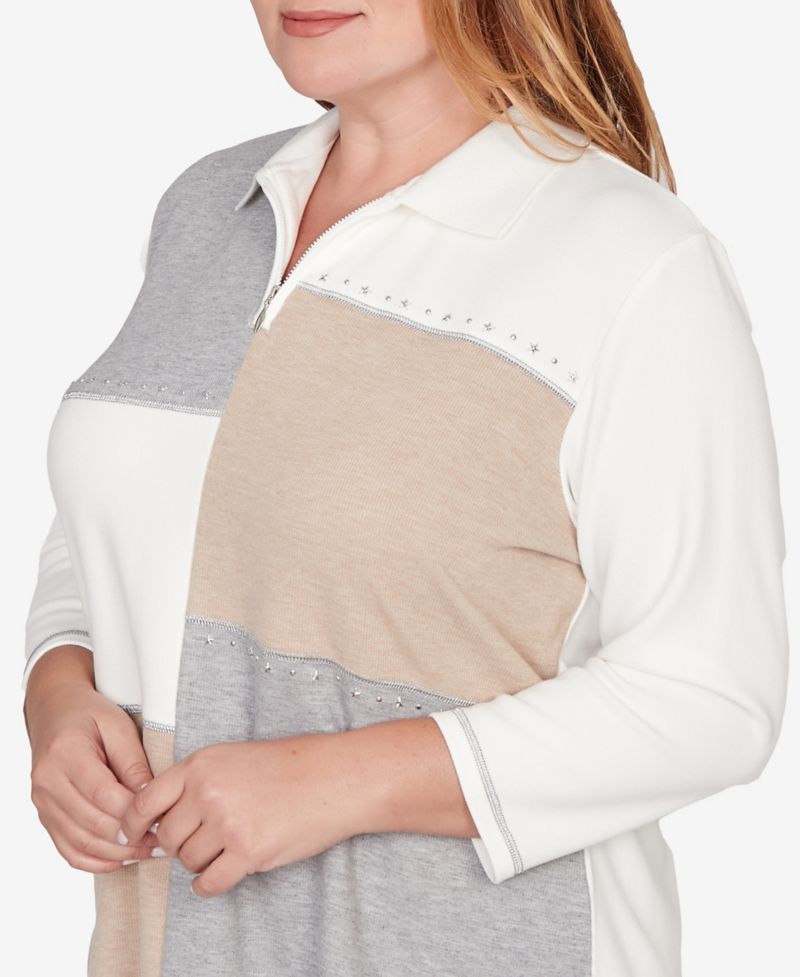 Plus Size Comfort & Joy Colorblock Quarter Zip Patchwork Top