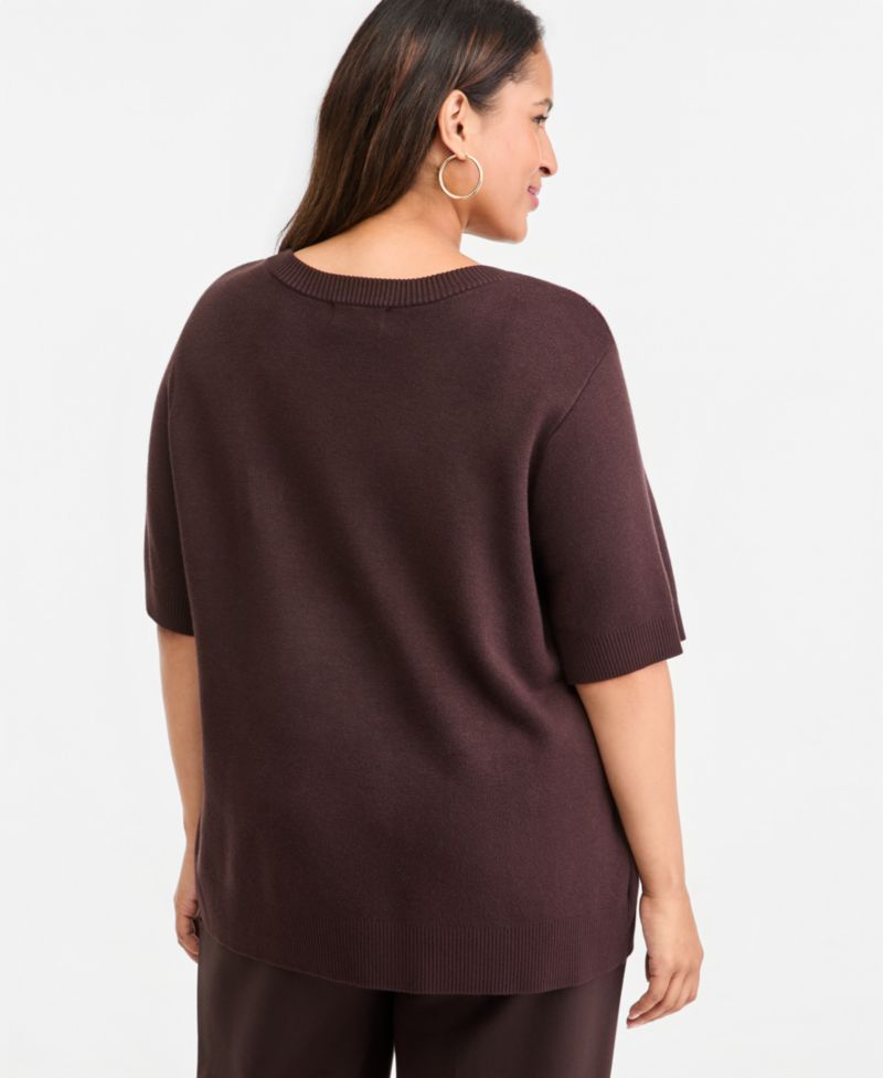 Plus Size Short-Sleeve Flower Sweater Floral Sequin Sweater