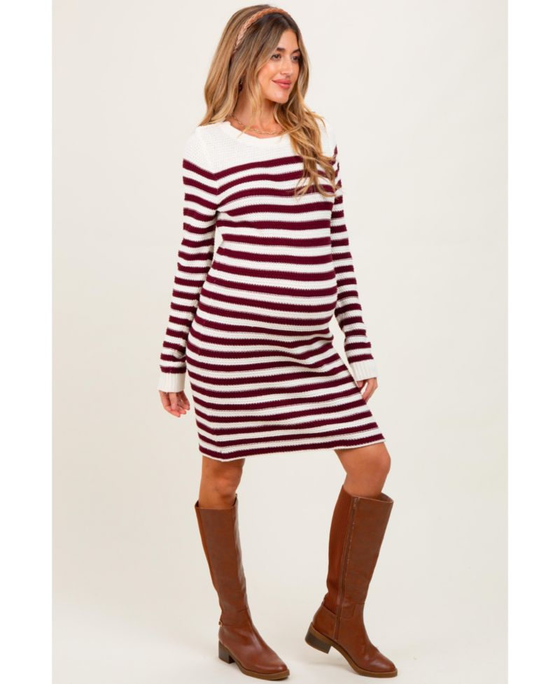Women's Burgundy Striped Button Accent Mini Sweater Dress