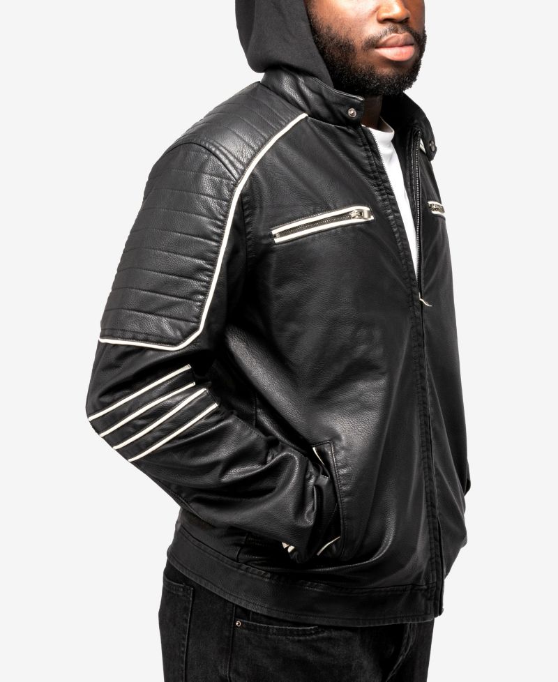 XRAY Men's Grainy PU Moto Jacket With Hood and Faux Shearling Lining