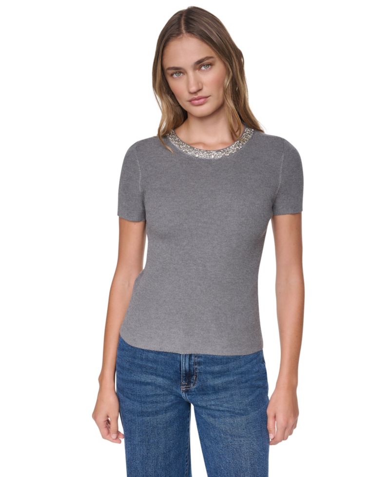 Petite Embellished Ribbed-Knit Short-Sleeve Crewneck Sweater