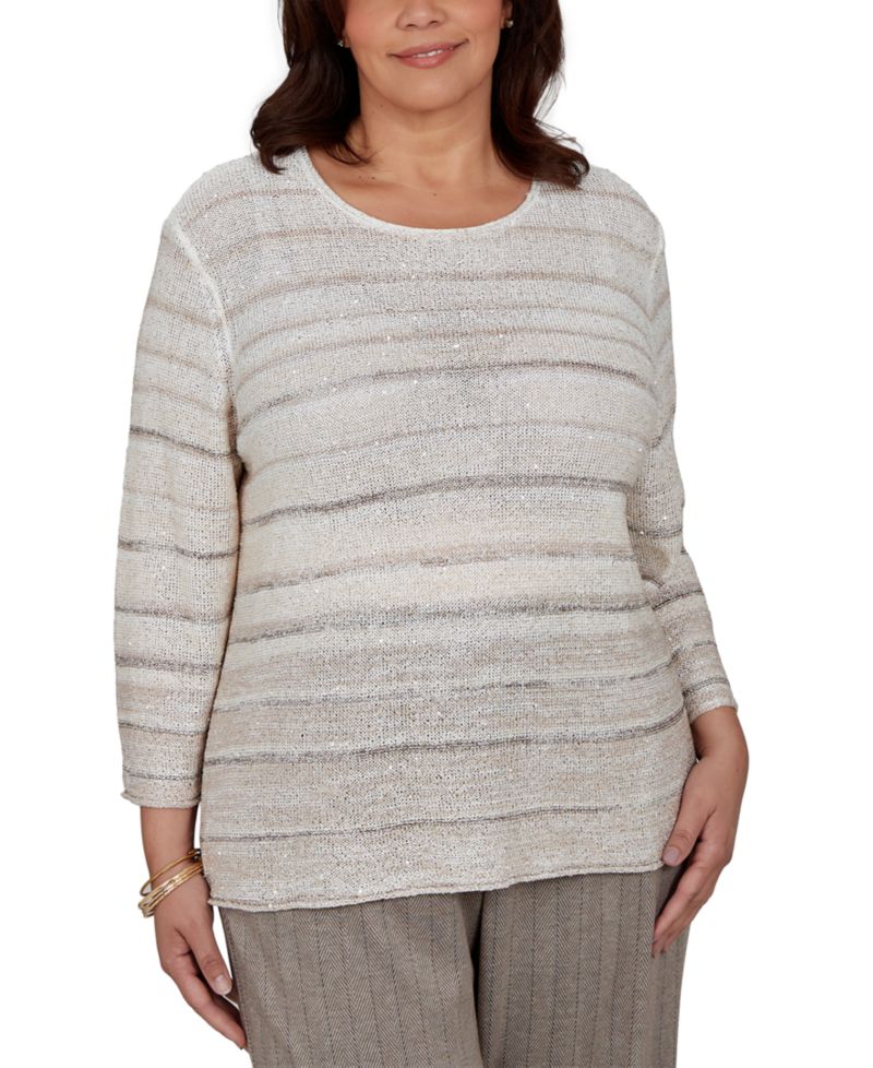 Plus Size Crew Neck 3/4-Sleeve Striped Sweater