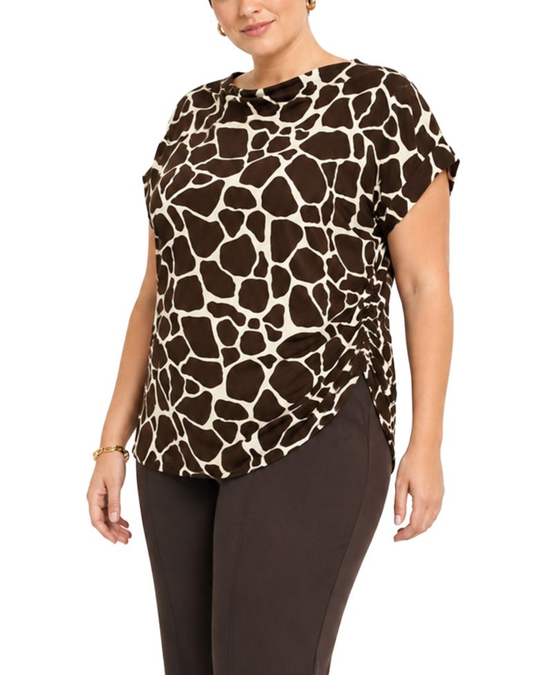 Plus Size Giraffe-Print Cowl-Neck Rolled-Short-Sleeve Top