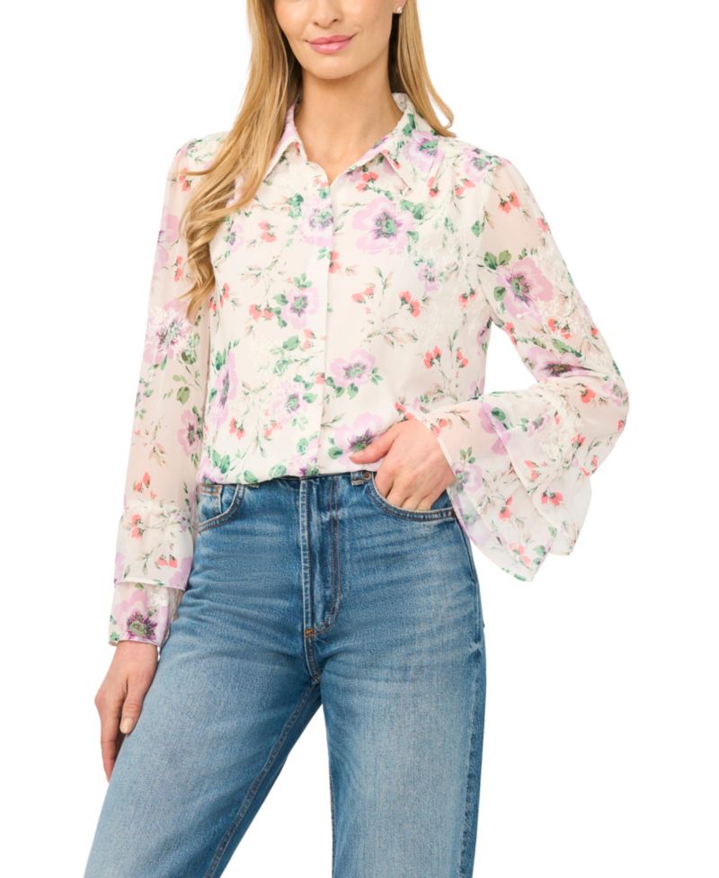 Women's Printed Collared Long-Sleeve Shirt