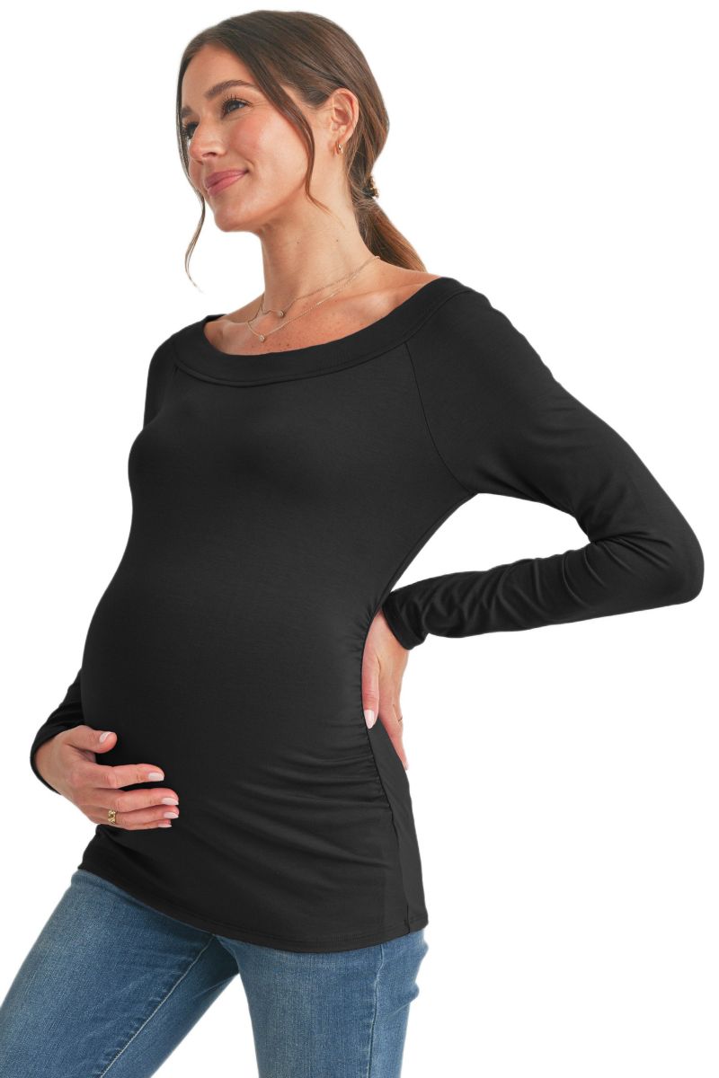 Maternity Ruched Long Sleeve Boat Neck Top
