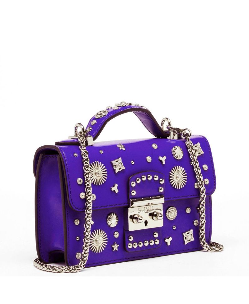Women's Royal Leather Studded Mini Crossbody Bag Structured Top Handle Satchel with Buckle Closure