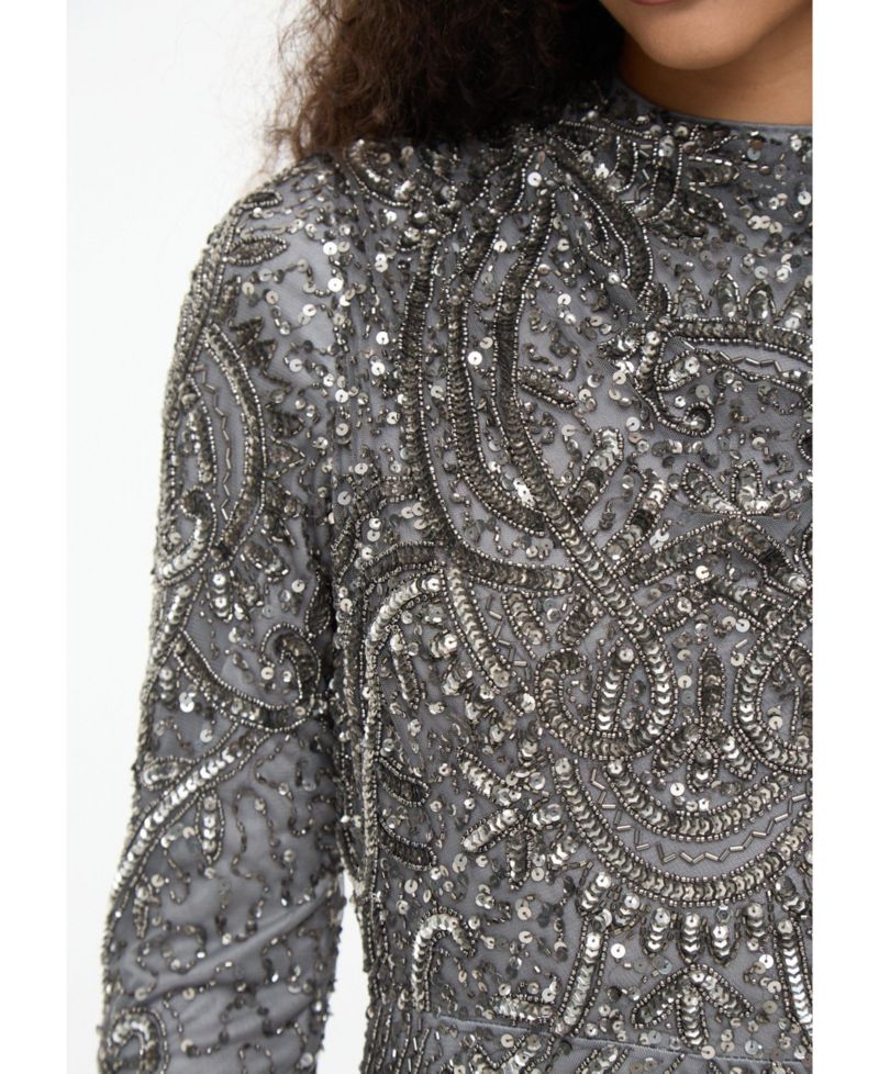 Women's Modest Embellished Sequin Beaded Dress Maxi With Cowl Neck