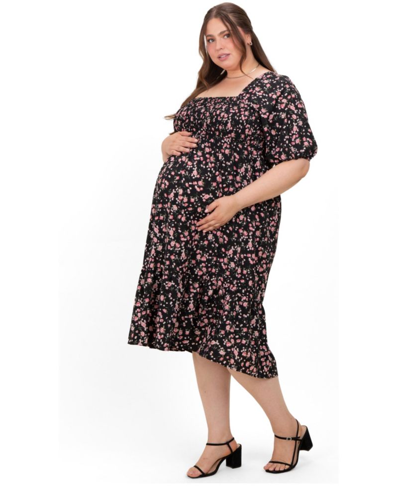 Plus Size Cream Floral Smocked Midi Dress