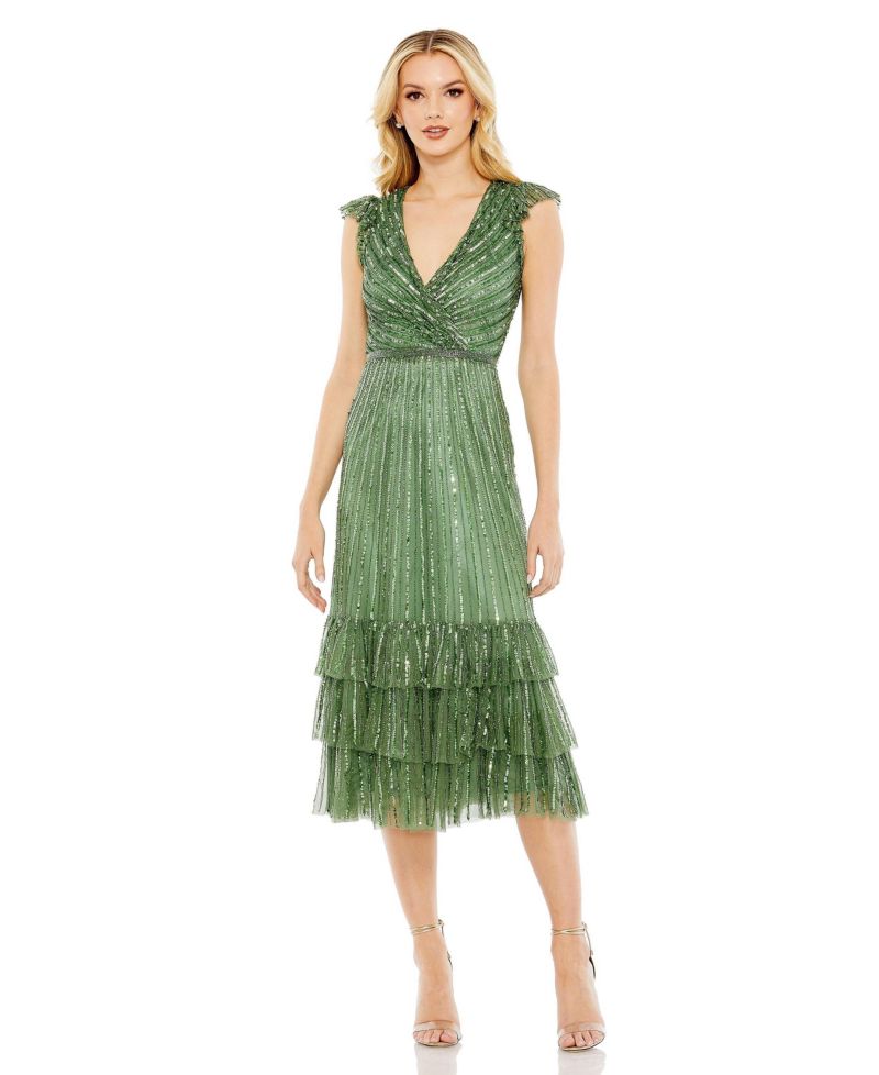 Women's Sequined Wrap Over Cap Sleeve Ruffle Hem Dress