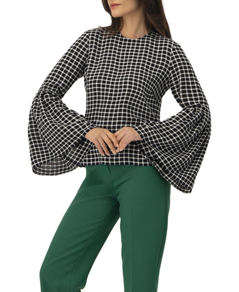 Women's Check Blouse with Puffed Sleeves