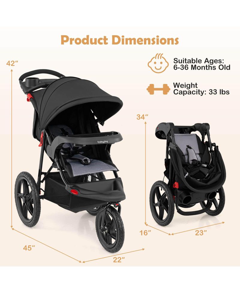 Jogging Stroller Foldable Jogger with Adjustable Canopy Detachable Tray Cup