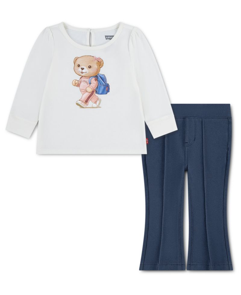 Baby Girls' Teddy Bear Graphic Long-Sleeve Top and Knit Pants, 2-Piece Set