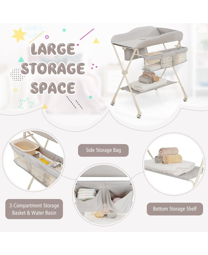 Portable Baby Changing Table with Water Basin and Rolling Wheels for Nursery