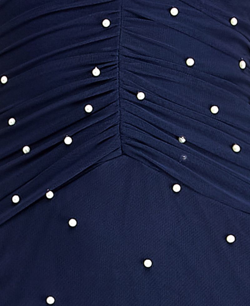 Juniors' Halter Mesh and Imitation Pearl Gown with Ruched Bodice
