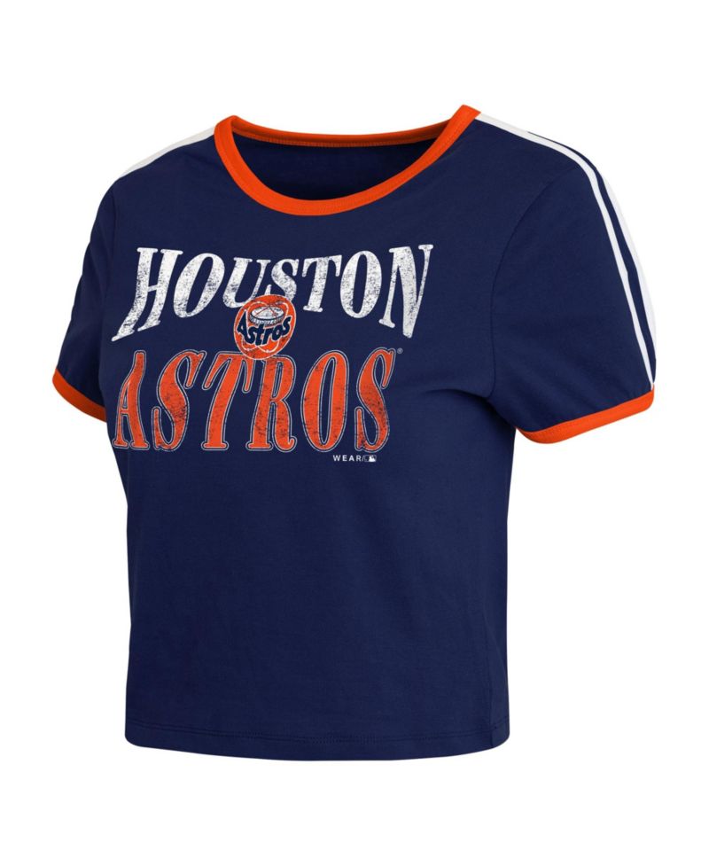 Women's Navy Houston Astros Cropped Throwback Ringer Baby T-Shirt
