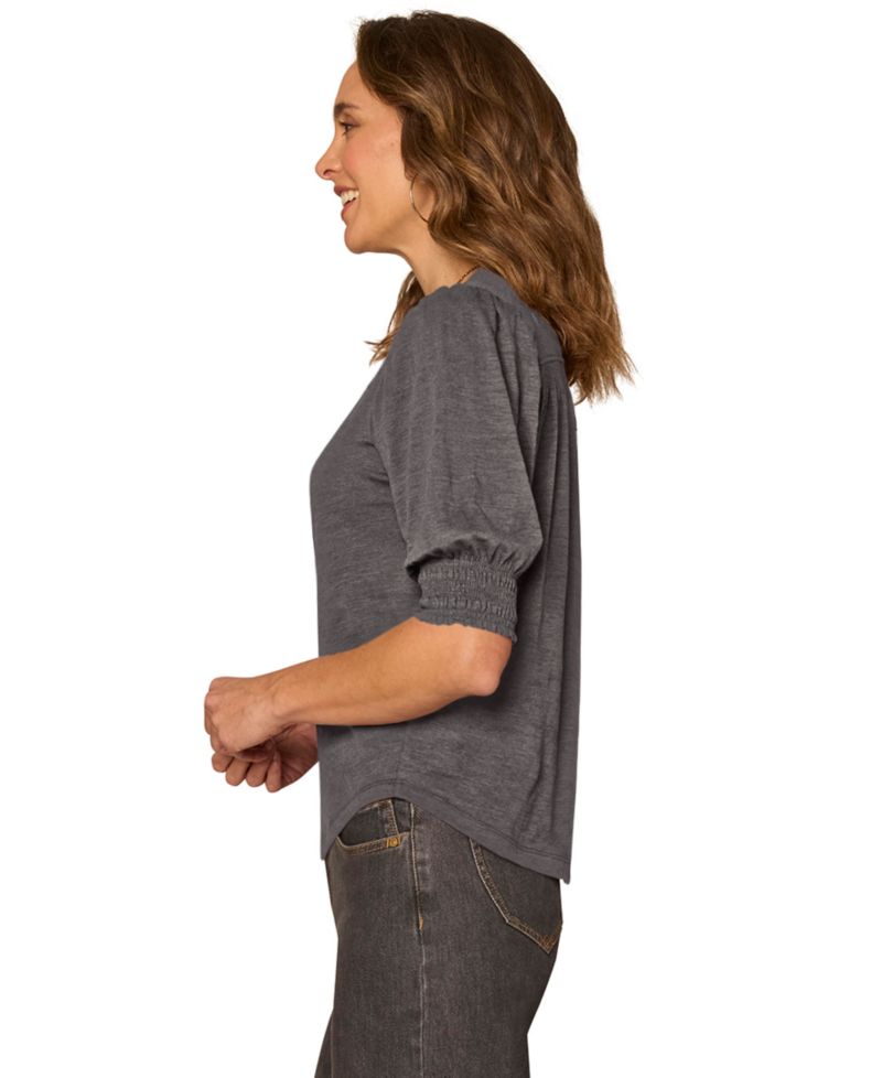 Petite Elbow-Length Blouson Scalloped V-Neck Blouse