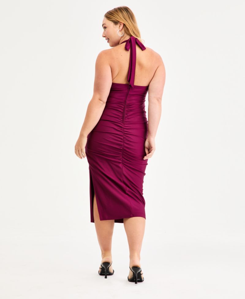 Trendy Plus Size Pleated Bodice Halter Midi Dress