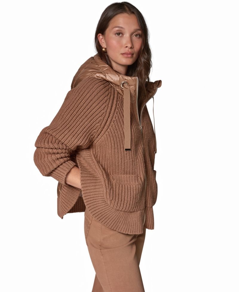 Women's Wool-Blend Hooded Mixed-Media Chunky Jacket