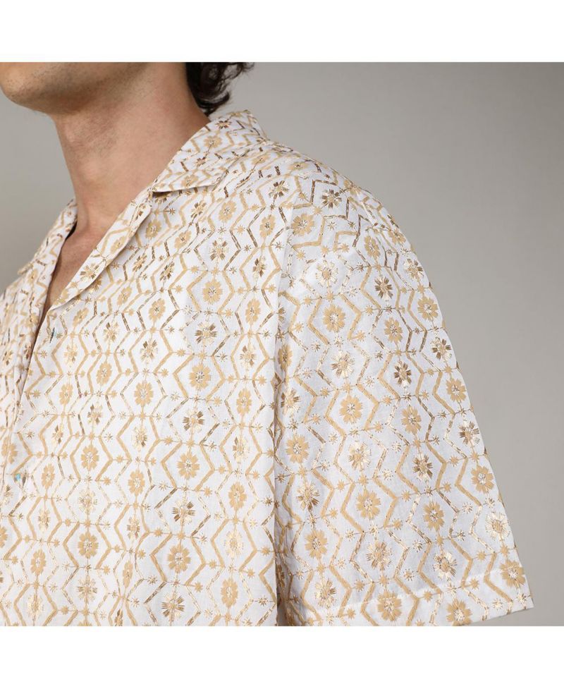 Men's Off-White & Beige Embroidered Geometric Shirt
