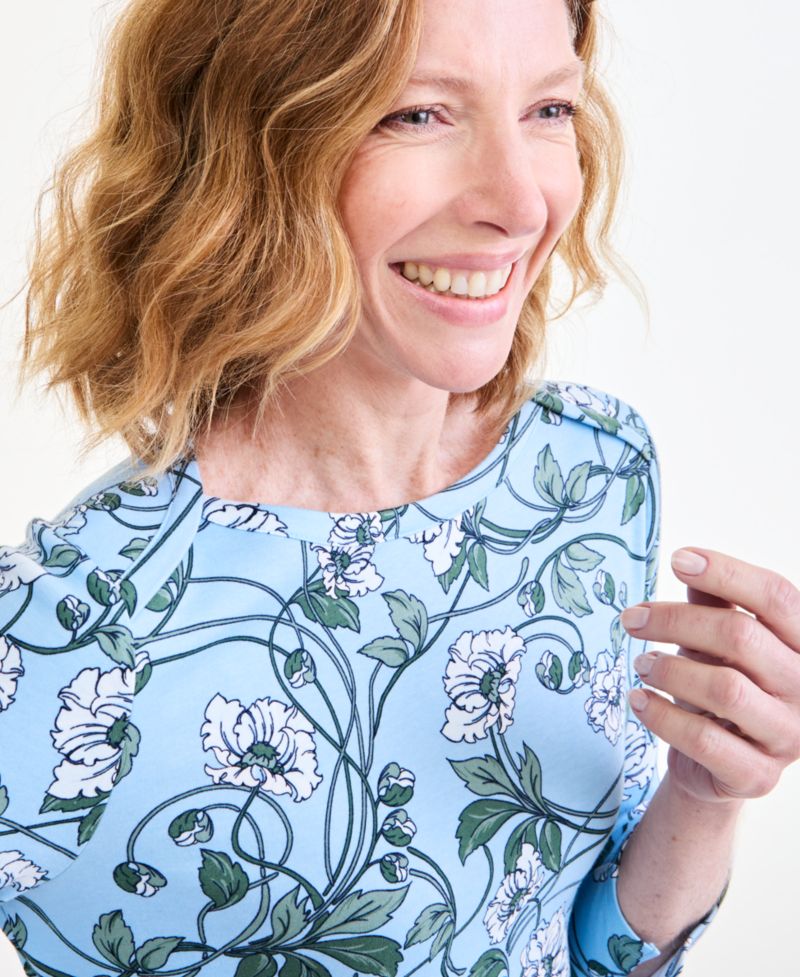 Petite Printed Pima Cotton 3/4-Sleeve Boat Neck Top