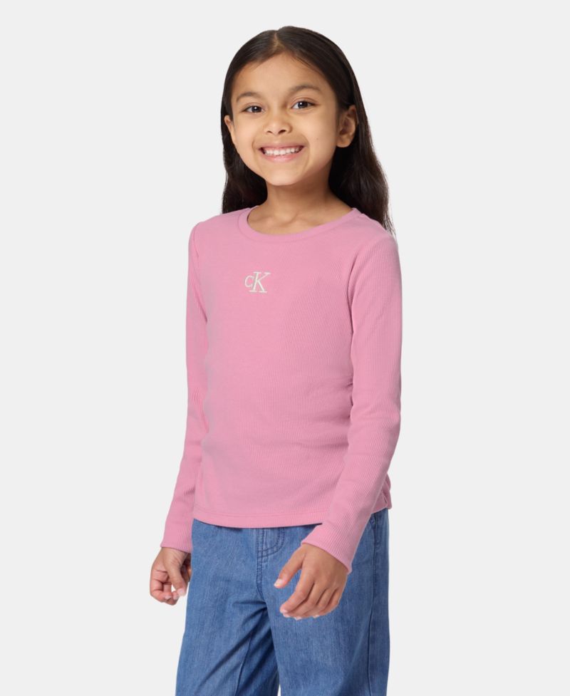 Toddler Girls' 2T-6X Monogram Ribbed Long-Sleeve Top and Wide-Leg Denim Pants, 2-Piece Set