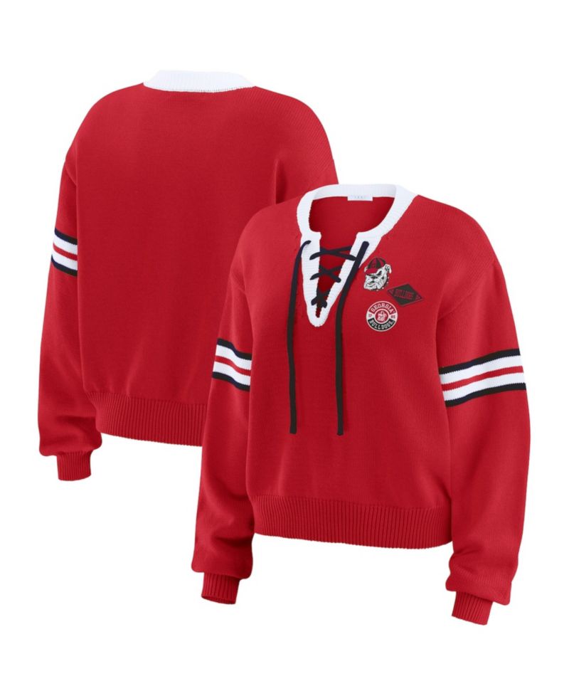 Women's Red Georgia Bulldogs Lace-Up Pullover Sweater