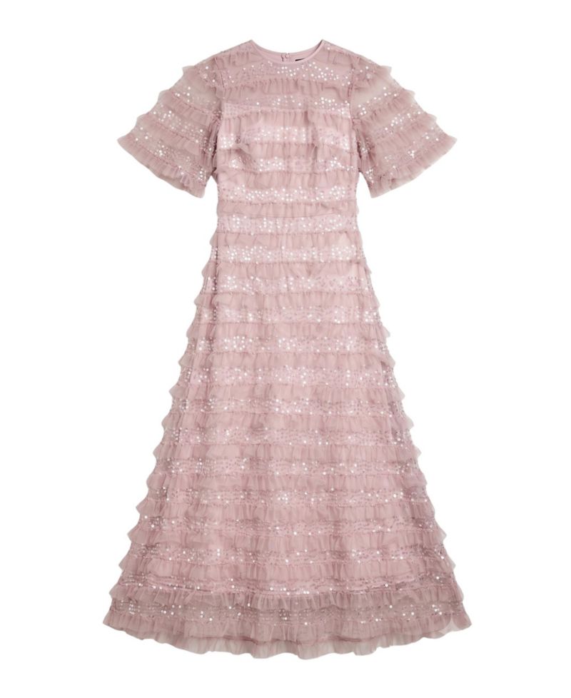 Women's Sequin Ruffle-Detail Short-Sleeve Maxi Dress