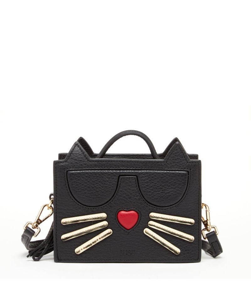 Womens Leather Novelty Cat Face Mini Crossbody Bag Cute Structured Box Purse Small Top Handle Satchel with Zipper Closure Black