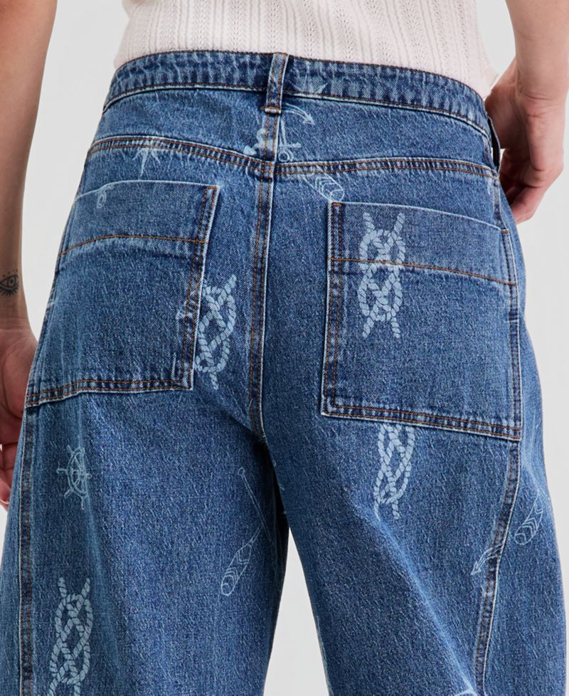 Women's Nautical Print Barrel-Leg Jeans