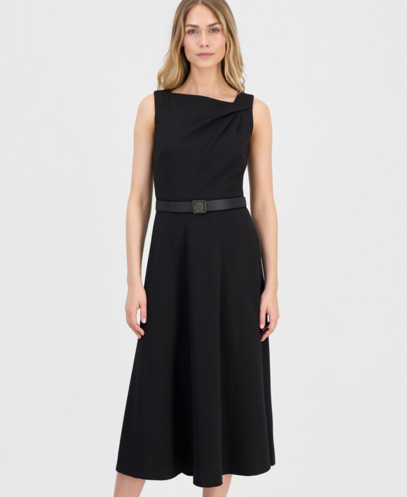 Women's Asymmetric-Neck Belted Midi Dress
