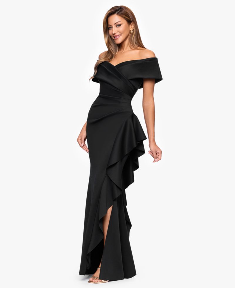 Petite Sweetheart Neck Side Ruffle Off-The-Shoulder Long Dress