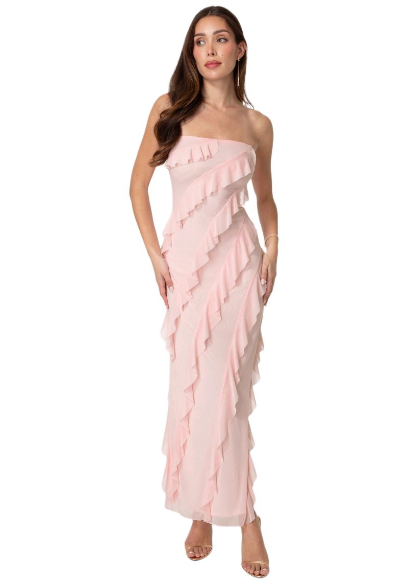 Women's Strapless Mesh Ruffle Dress