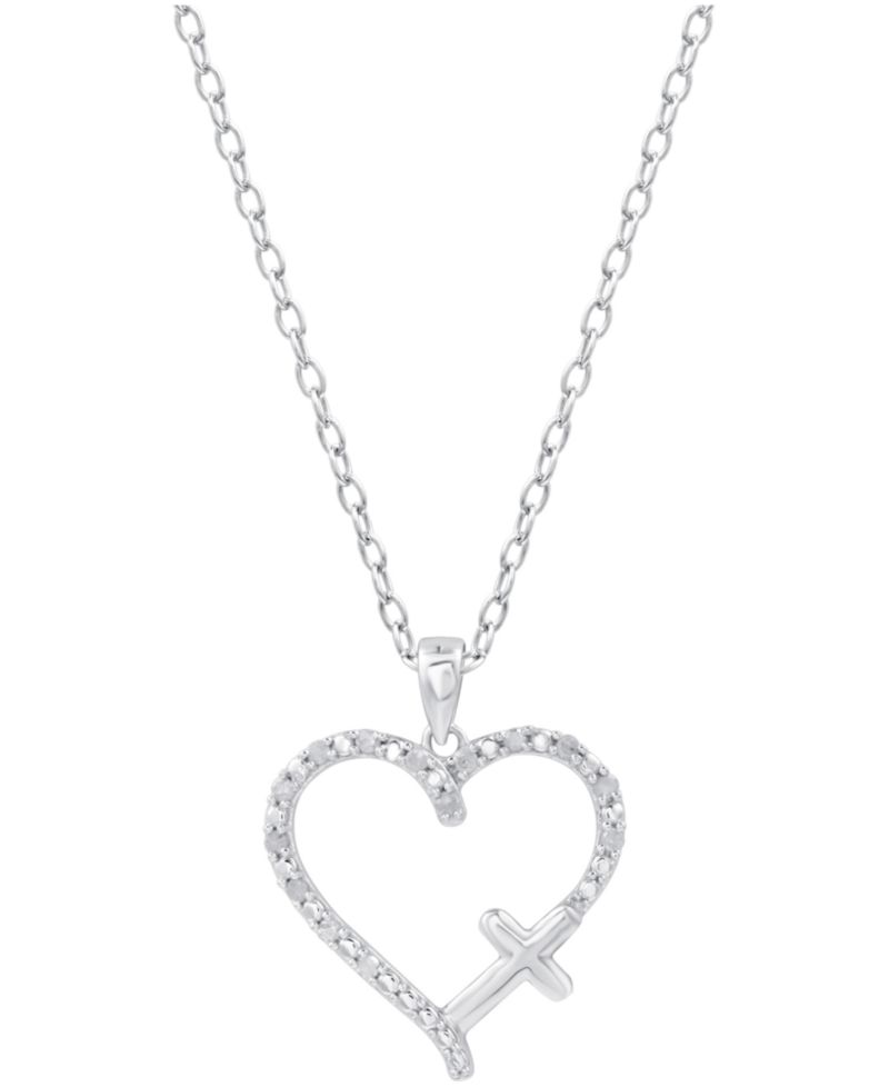 Diamond Heart & Cross 18" Pendant Necklace (1/10 ct. t.w.) in Sterling Silver or Sterling Silver & 14k Gold-Plate