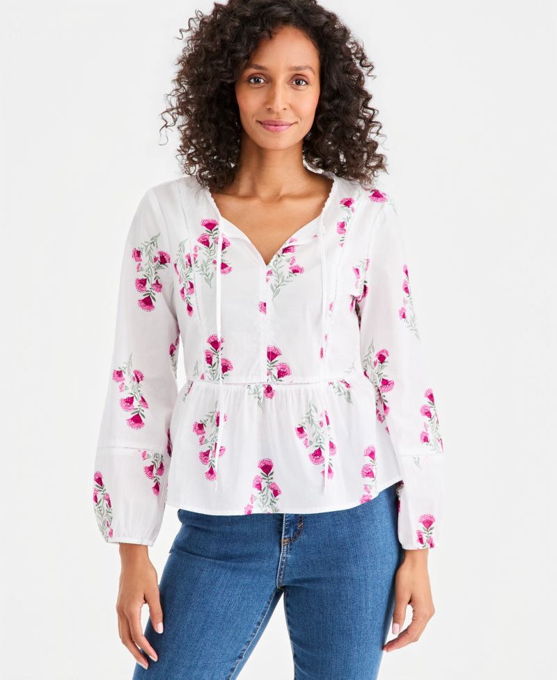 Women's Cotton Printed Peplum Popover Blouse