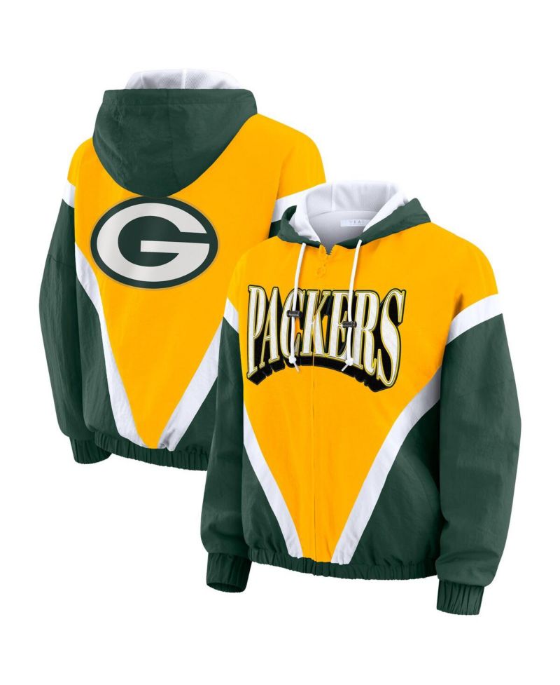 Women's Gold/Green Green Bay Packers Plus Size Retro Crinkle Full-Zip Hoodie Windbreaker Jacket